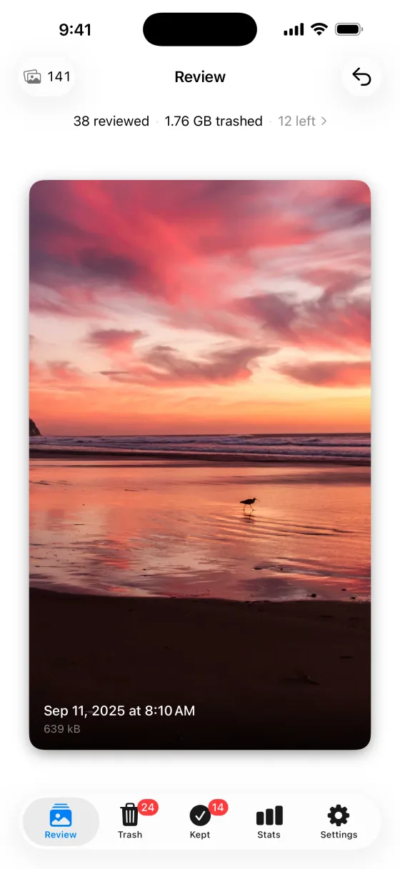Size and date on every card. A sunset photo taken September 11, 2025, 639 KB.