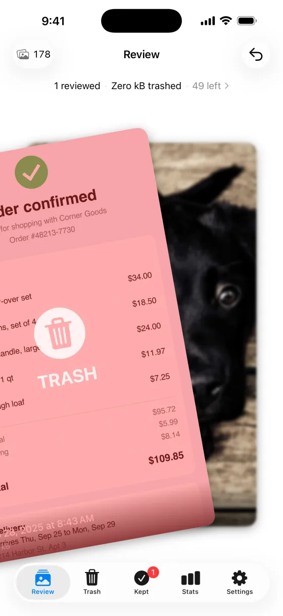 Swipe left to trash. An old order confirmation screenshot heads for the trash.