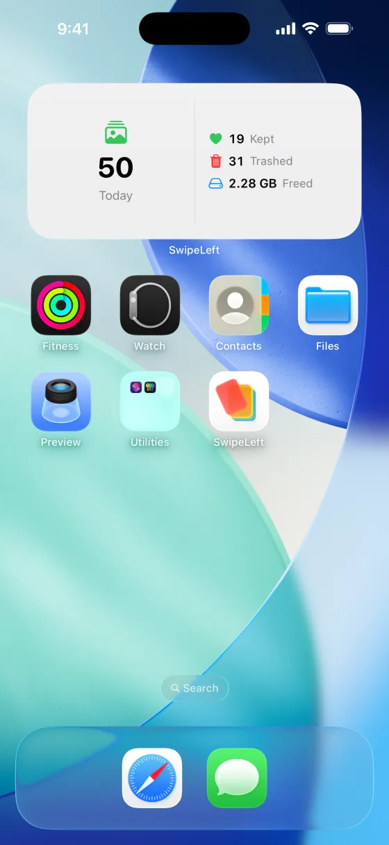Home Screen widget. 50 reviewed today, 19 kept, 31 trashed.